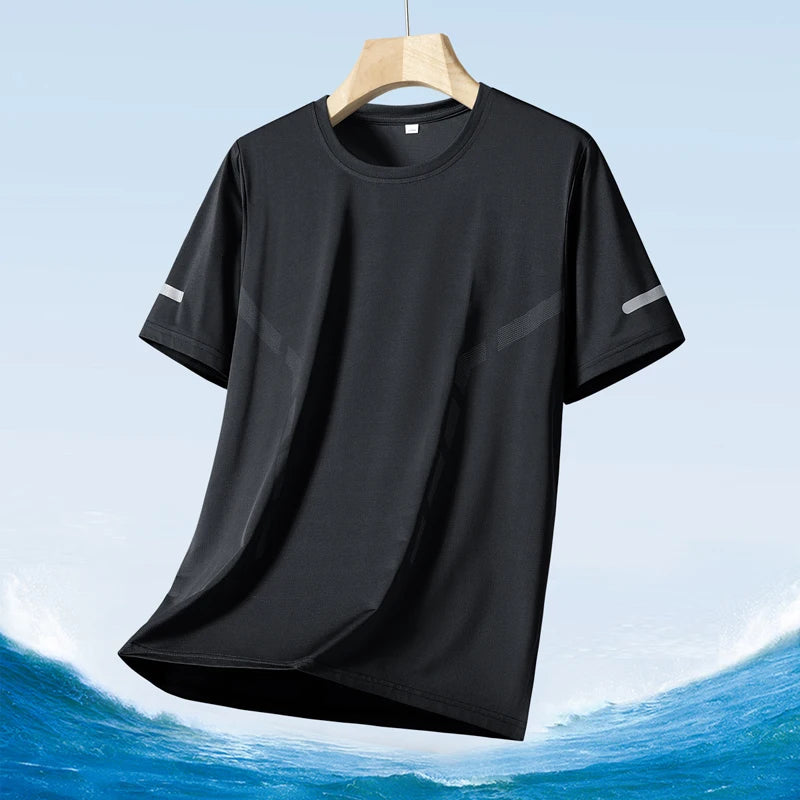 Men's Silk Ice Round Collar T-shirt, Simple Running Fitness Suit, Breathable Thin T-shirt, Quick Dry T-shirt, Summer