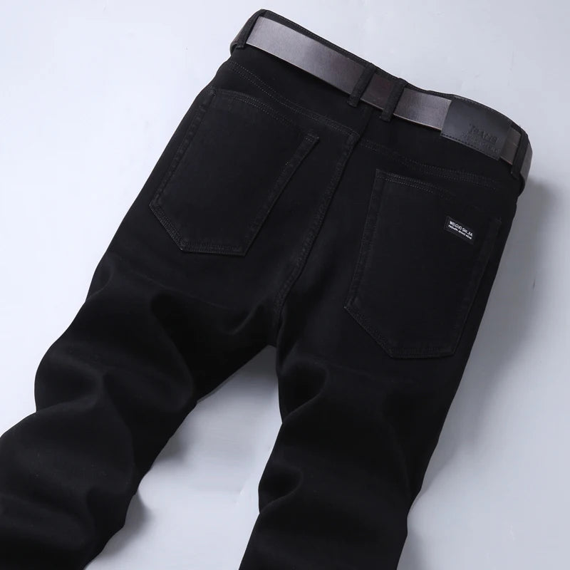 Men Classic Advanced Fashion Brand Pure Black Jeans Man Soft Breathe Stretch Slim Straight Denim Trousers Mens Pants Overalls