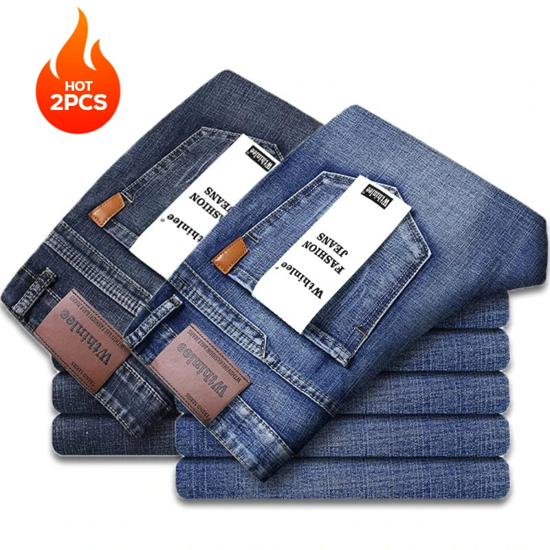 2-piece Set  WhinLEE Black and Blue Business Elite Jeans, Summer Micro Elastic Straightleg Multicraft High-quality Denim Pants
