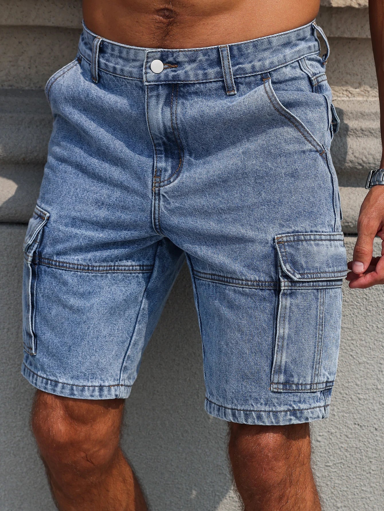 Men's summer blue regular denim shorts. Multi-pocket design. Stylish and casual.