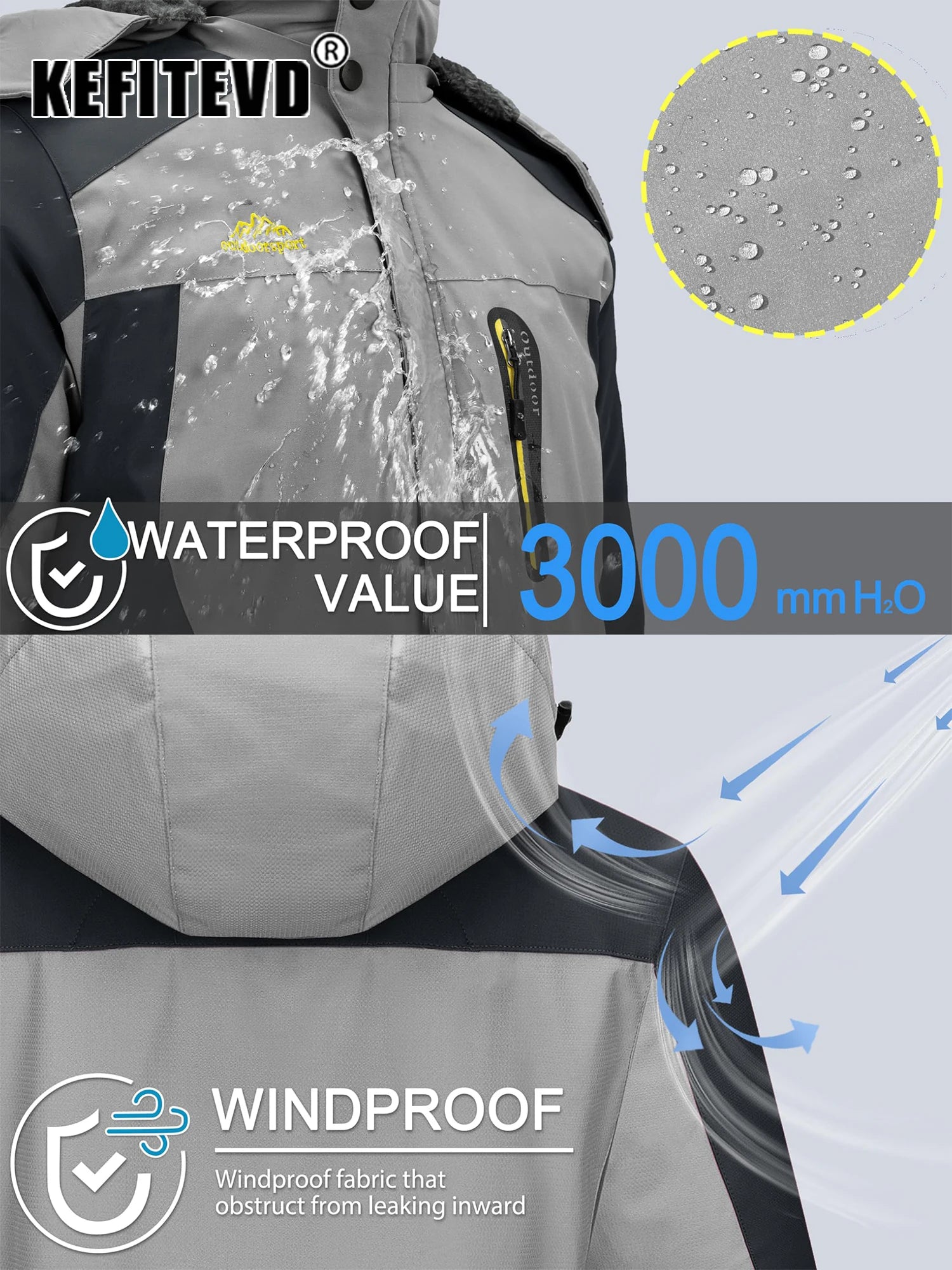 KEFITEVD Winter Heavy Ski Jacket Waterproof Warm Fleece Jackets Outdoor Thermal Breathable Hiking Jacket Windbreaker Snow Parka