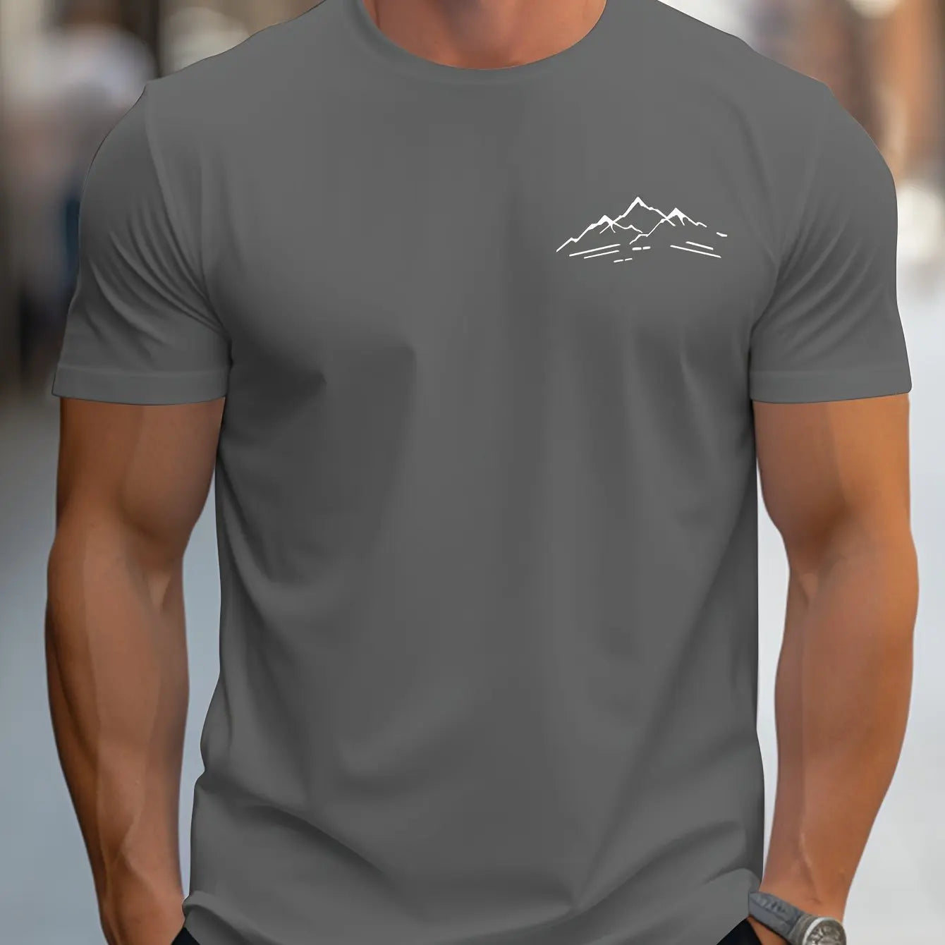 Men's summer 100 cotton fashionable casual sports loose plus size mountain pattern printed round neck short sleeved T-shirt