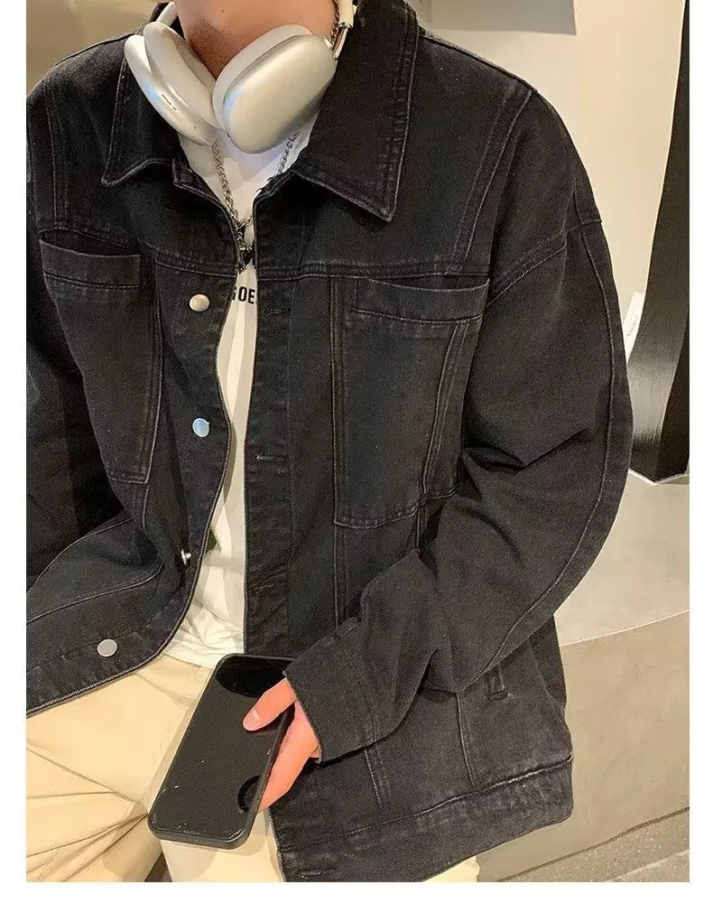 Trendy Men's Denim Jacket Autumn Winter, Ripped & Patchwork Design, Oversized Fit, Urban Street Style, Unisex