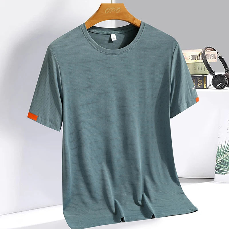 Men's Silk Ice Round Collar T-shirt, Simple Running Fitness Suit, Breathable Thin T-shirt, Quick Dry T-shirt, Summer