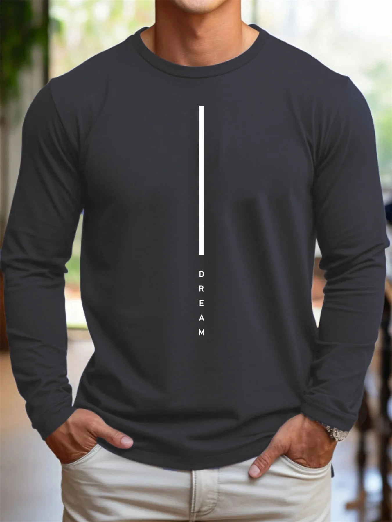 Men's 100% pure cotton loose fit plus size comfortable casual DREAM letter printed round neck long sleeved T-shirt top