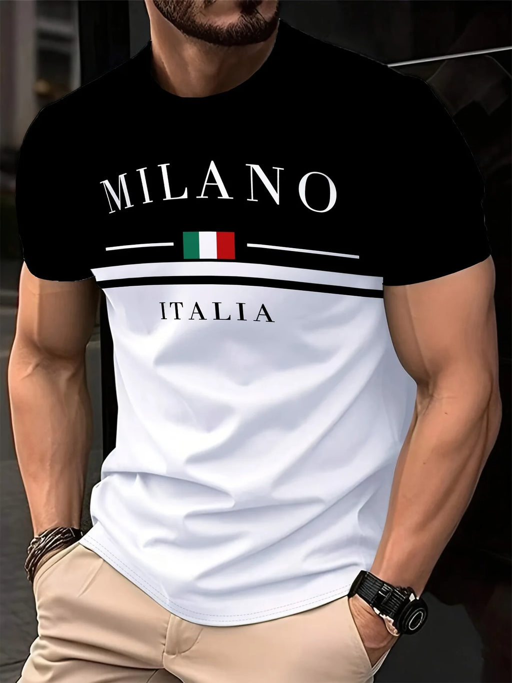 Italia Milano Letter Pattern 3D Prited Men's Tshirts Short Sleeve Casual Tops Mens O-neck T-shirt Boys Loose Streetwear