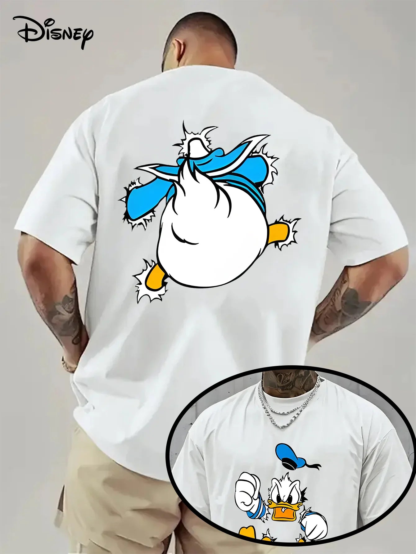 Men's Donald Duck Dual-Sided Cartoon T-Shirt Summer Cotton Women Top Tee Streetwear Casual Trendy Oversized Loose Couple Unisex
