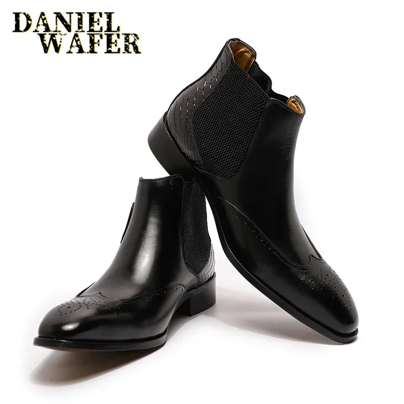 Men's Luxury Genuine Leather Chelsea Boots Ankle High Grade Slip-On Buckle Strap Wingtip Brown Black Basic Shoes
