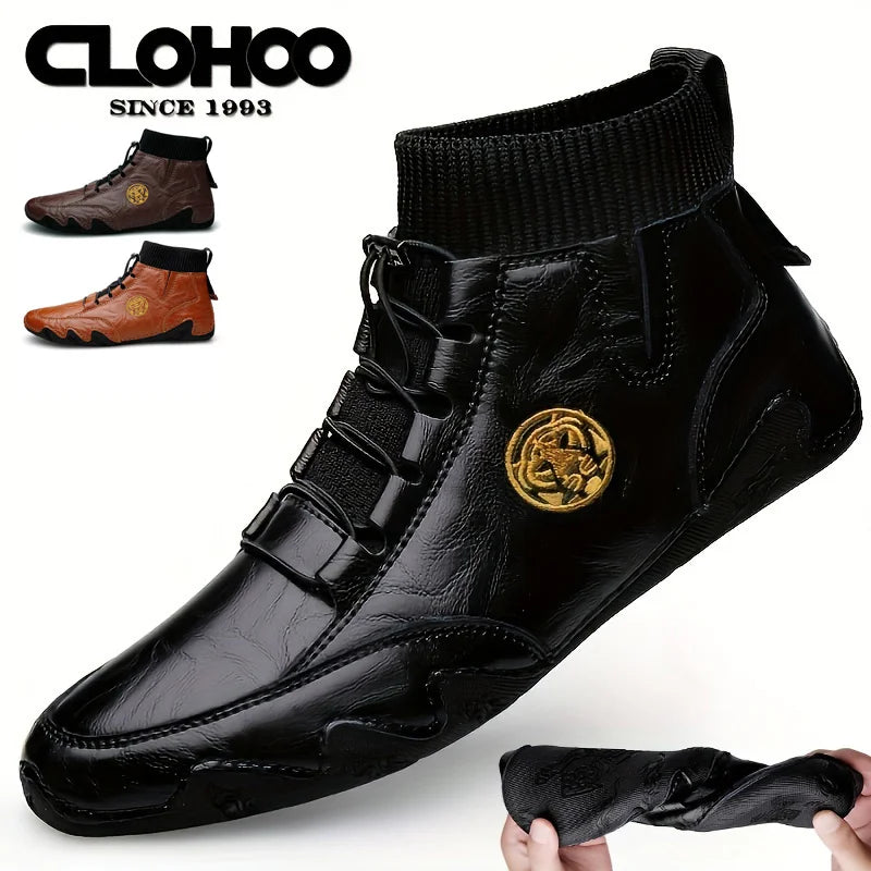CLOHOO Men's Wear-resistant Boots Casual Classic Genuine Leather Handmade Shoes Ankle Round Toe Lace Up Walking Business Boot