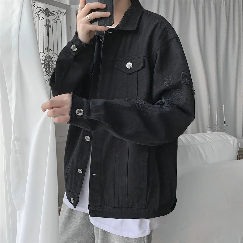 New Autumn Men's Jeans Jackets Slim Fit Cotton Denim Jacket Red White Black Ripped Hole Jean Coats Mens Outwear Plus size M-5XL