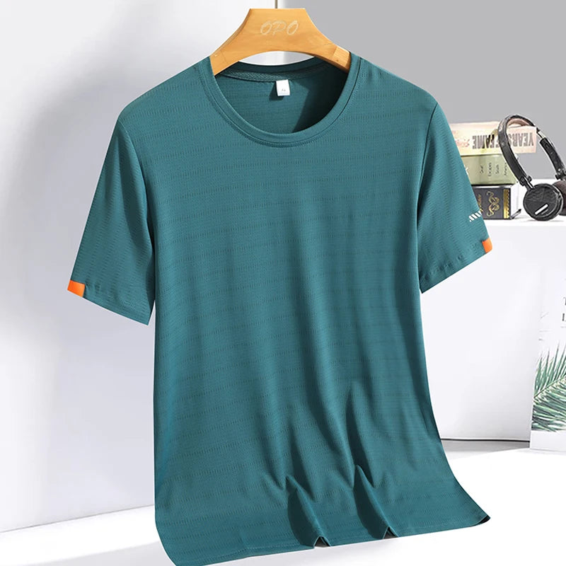 Men's Silk Ice Round Collar T-shirt, Simple Running Fitness Suit, Breathable Thin T-shirt, Quick Dry T-shirt, Summer