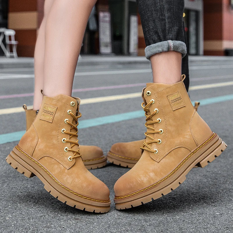 Men winter high top genuine leather boots couple anti-slip motorcycle boots lace-up shoes fashion zipper men boots large size 47