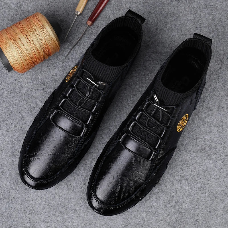 CLOHOO Men's Wear-resistant Boots Casual Classic Genuine Leather Handmade Shoes Ankle Round Toe Lace Up Walking Business Boot