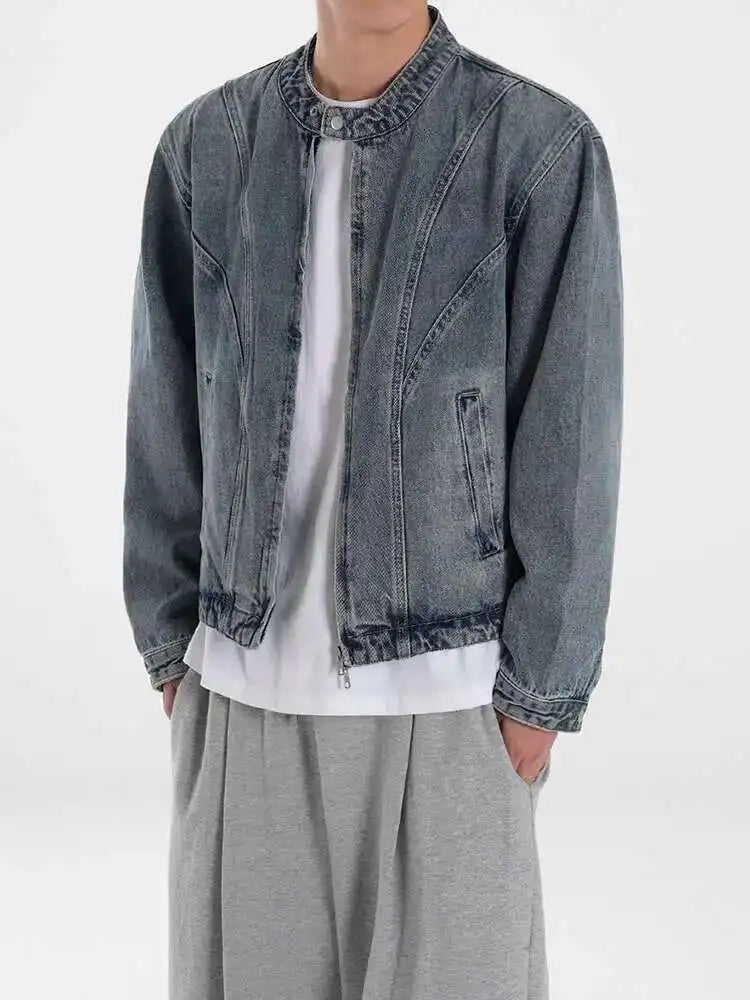 Korean Style Men's Wear Stand Collar Short Denim Jackets Niche Design Male Loose Zipper Coats New 2025 Autumn