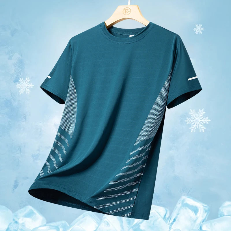 Men's Silk Ice Round Collar T-shirt, Simple Running Fitness Suit, Breathable Thin T-shirt, Quick Dry T-shirt, Summer