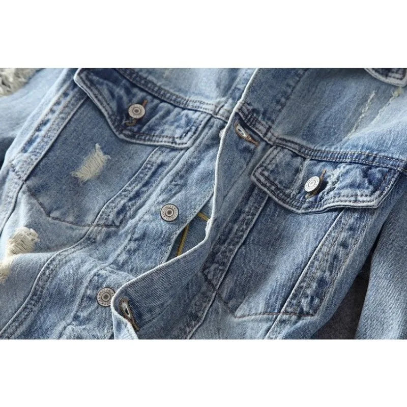 New men's denim jacket embroidered print fashion retro ripped street jacket men