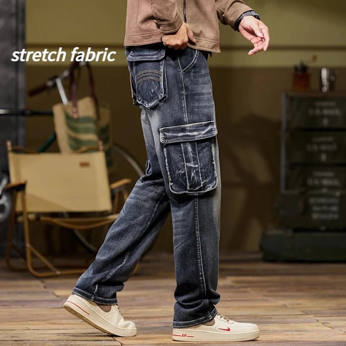 2025 Men's new elastic American retro multi -pocket Workers for denim  men's pants pants loose large size three -color