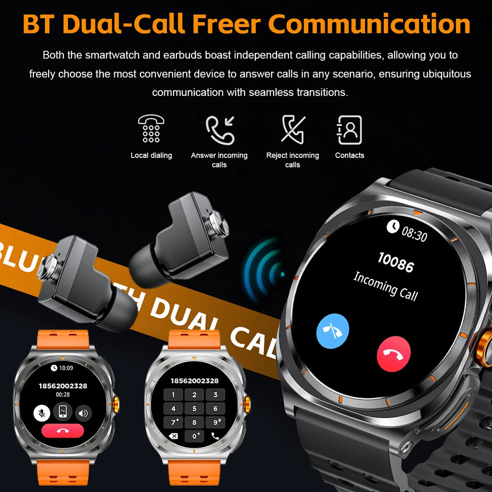 New Popular Wireless Bluetooth watch Men water proof TWS Earphones Dual Earphones Call Health Monitor Sports Music Smartwatch