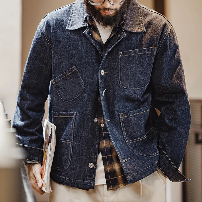 Maden Vintage Asymmetrical Four-pocket 14oz Denim Jacket Lapel Single-breasted Jacket Navy Blue Cotton Work Coat for Men's Fall