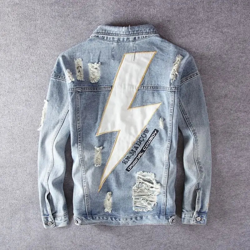New men's denim jacket embroidered print fashion retro ripped street jacket men