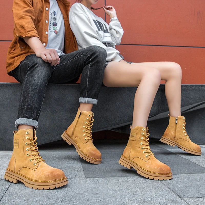 Men winter high top genuine leather boots couple anti-slip motorcycle boots lace-up shoes fashion zipper men boots large size 47