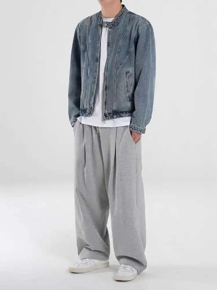 Korean Style Men's Wear Stand Collar Short Denim Jackets Niche Design Male Loose Zipper Coats New 2025 Autumn