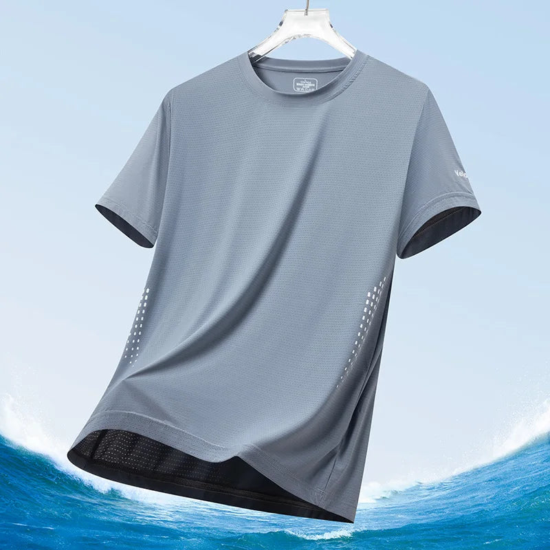Men's Silk Ice Round Collar T-shirt, Simple Running Fitness Suit, Breathable Thin T-shirt, Quick Dry T-shirt, Summer